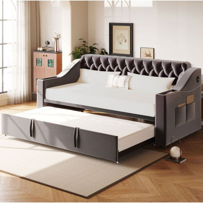 WUVRIE Canapé-lit convertible 90 x 190 cm en 180 x 190 cm velours gris foncé rangements USB sommier à lattes