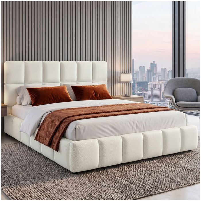 Ensemble de literie - TECTAKE - lit rembourré complet teddy mousse confort 2 niveaux base bois acier 180 x 200 cm - crème