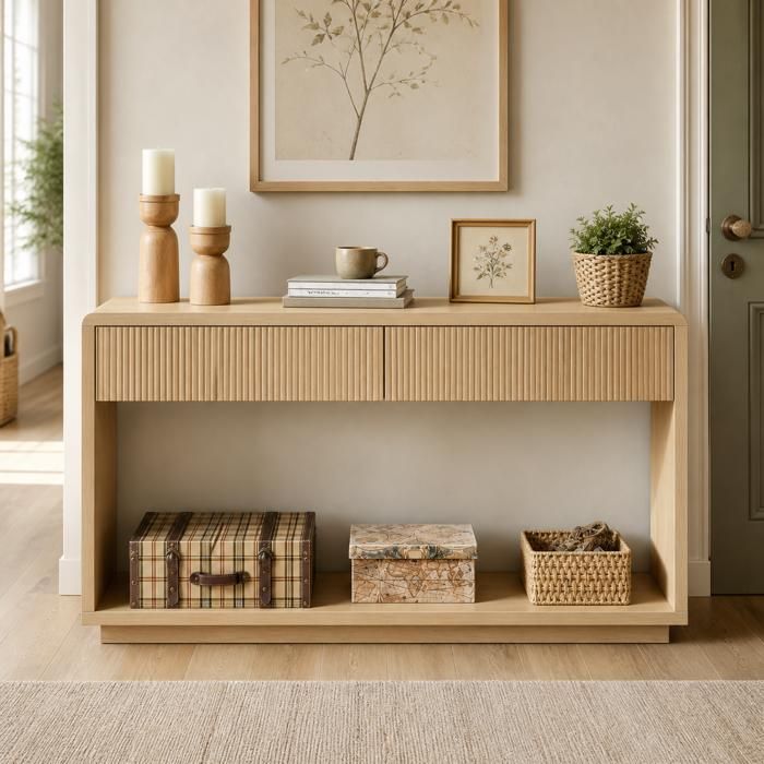 Console de couloir moderne en chêne clair 150 cm avec 2 tiroirs de rangement et étagère ouverte