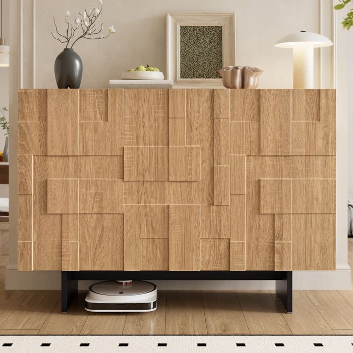 Buffet géométrique 105x335x76 cm 3 portes étagères ajustables bambou et MDF naturel et noir