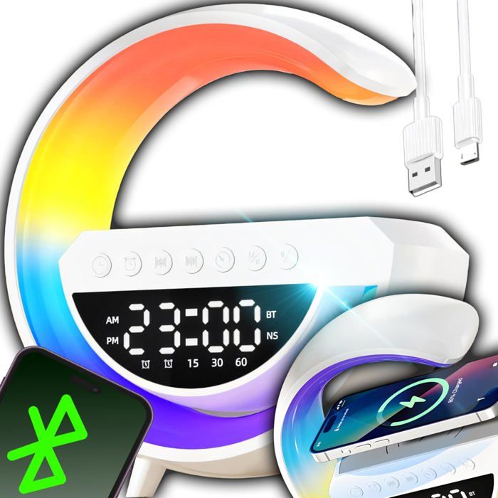 Lampe de chevet avec fonction de charge - LED tactile à intensité variable avec 7 couleurs RVB charge sans fil 15W - Haut-parleur