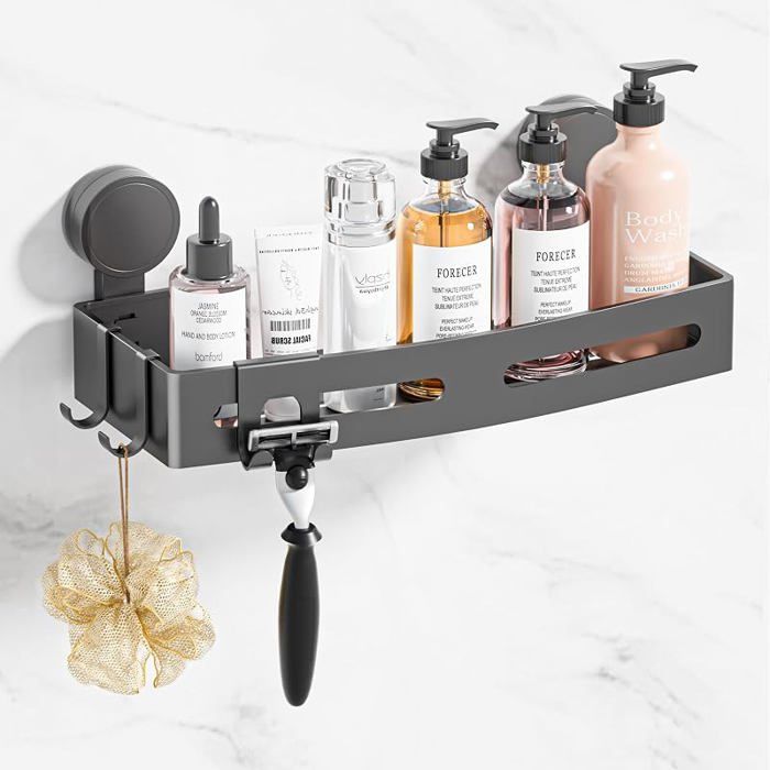 Étagère Ventouse Etagere Douche Sans Percage Rangement salle de Bain Ventouse Aluminium Antirouille avec Crochets Gris