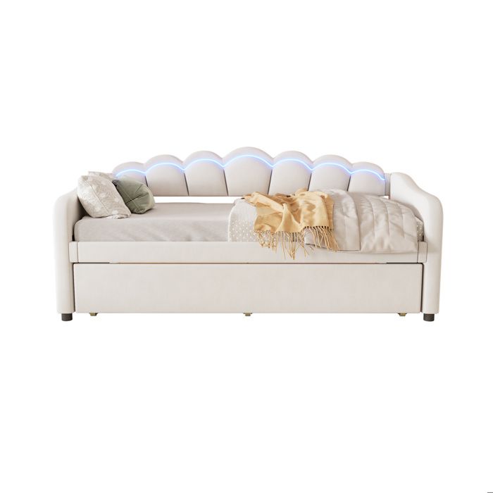 SENVIRO banquette lit 90 x 200 cm avec lit gigogne velours beige LED a couleur variable telecommande sans matelas