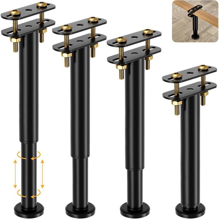 Lot de 4 Pieds de Lit Réglables 25-43 cm Acier Robuste - Rehausseur et Support Central pour Sommier Installation sans Perçage