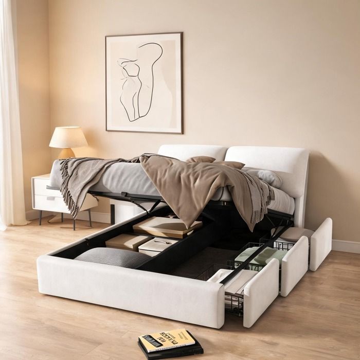 Sommier tapissier 140x190 cm en velours beige avec coffre hydraulique tiroirs - Beige Velvet 78.74 x 55.51 x 40.16 cm Ref O6H5WV