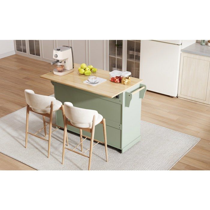 SENVIRO îlot central de cuisine sur roulettes 138 x 45/70 x 92 cm plateau rabattable 2 tiroirs vert antique