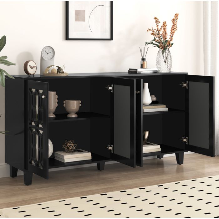 Buffet bas 4 portes AESVAR 160 x 40 x 84 cm noir effet miroir avec étagères mobiles en MDF