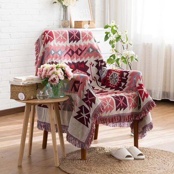 Plaid Coton Réversible 180x230cm avec Franges Jeté Canapé Bohème Motif Géométrique Rose Décoratif Couvre-Lit Camping COUVERTURE