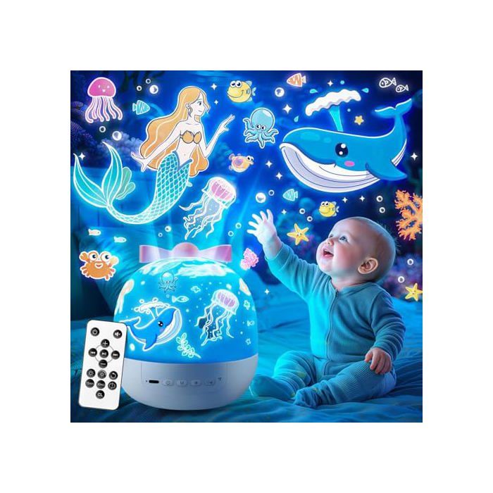 Veilleuse Enfant 10 Musique Veilleuse Bébé Musicale et Lumineuse 360 Rotation 15 Films Projecteur Ciel EtoileTélécommande
