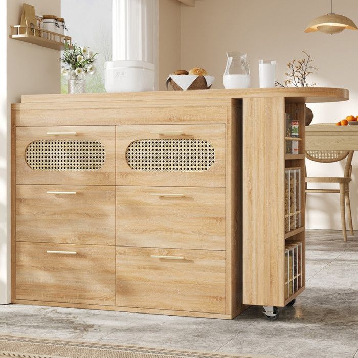 Zitty Table de Bar Pivotante 360° avec 6 Tiroirs Mange-Debout Extensible 128-203cm MDF et Rotin PE Meuble Bar Cuisine Naturel