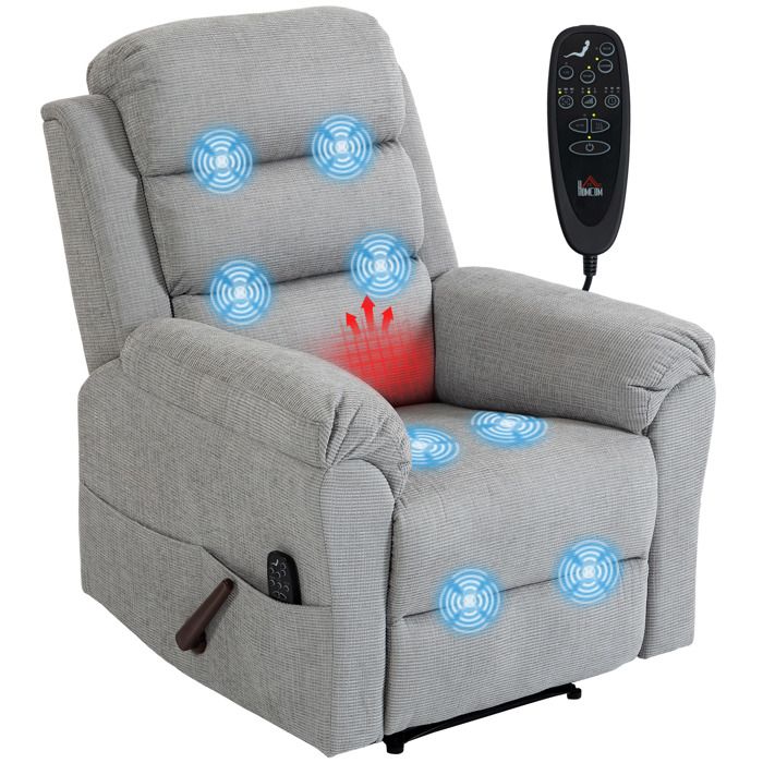 Fauteuil Massant Inclinable Manuel 135° Chauffant Appui-tête Réglable Chenille Gris Clair