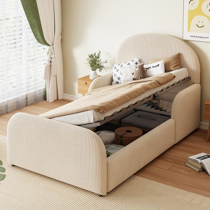 Lit enfant rembourré beige - BLACKCOLOR - 90 x 200 cm - Rangement hydraulique sous le matelas