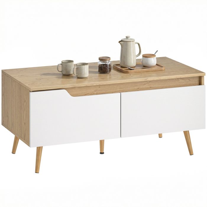 Table basse - HOMCOM - 2 tiroirs - pied central ajustable - rectangulaire - bois - 100x50x40cm - chêne et blanc Table basse - HOMCOM - 2 tiroirs - pied central ajustable - rectangulaire - bois - 100x50x40cm - chêne et blanc