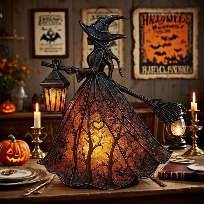 Décorations dHalloween Lampe de Table Sorcière à Chapeau en Résine Gothique Veilleuse LED Lumineuse Ornement pour Fête Intérieur