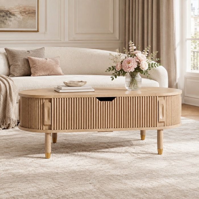 Modenuit Table basse ovale relevable 110 x 48 cm rangement 2 portes coulissantes MDF naturel