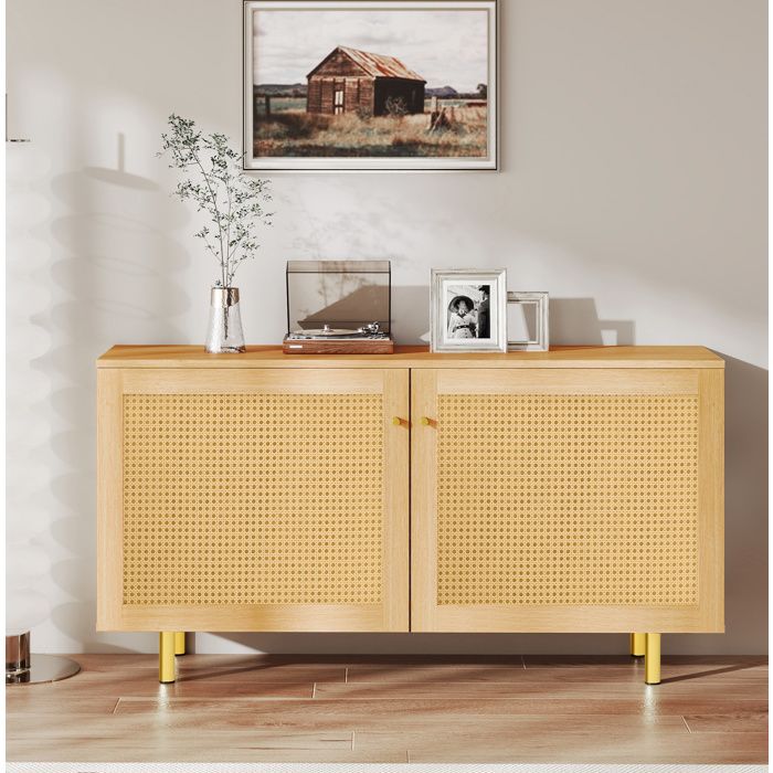COVREO Buffet bas 2 portes en rotin tressé 120 cm MDF aspect bois naturel pieds métal doré