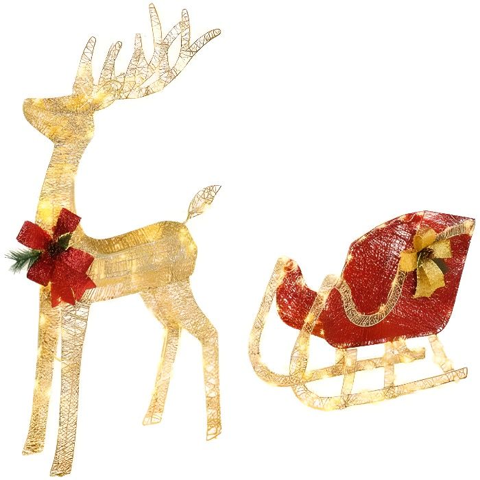 Décoration de Noël, renne lumineux 130cm avec traîneau, rouge et blanc
