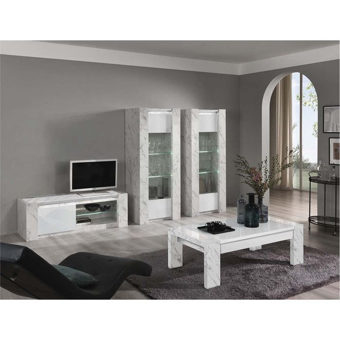 PRAVA - Ensemble Salon Complet Blanc et Effet Marbre Meuble TV et Vitrines avec Leds + Table Basse PRAVA - Ensemble Salon Complet Blanc et Effet Marbre Meuble TV et Vitrines avec Leds + Table Basse