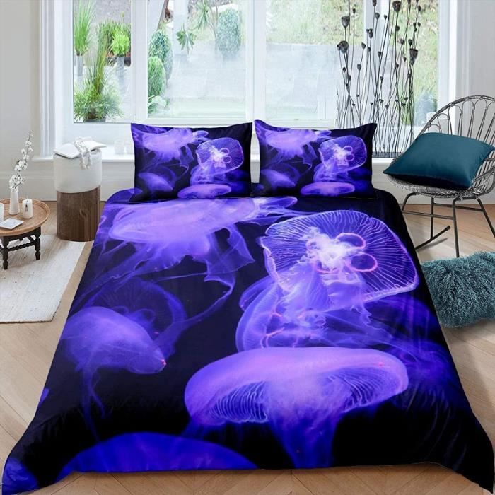 Housse de Couette méduse Violette, Parure de Lit Imprimée 3D Microfibre
