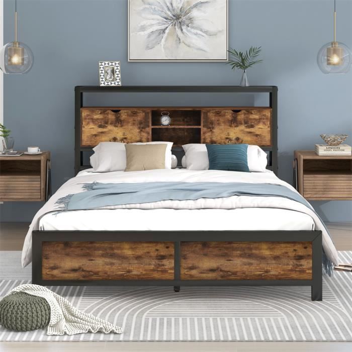 lit de rangement pour adolescents - lit simple avec tête de lit à rangement et sommier métallique style industriel - noir 140x200 cm