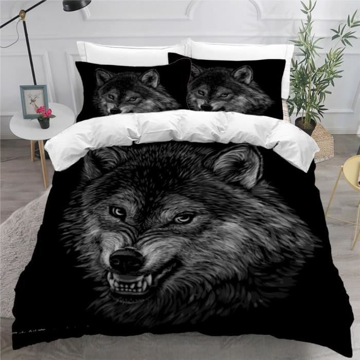 Housse De Couette 160x200cm Motif Loup + 2 Taies 65x65 - Microfibre Brossée Réversible - Fermeture Zippée