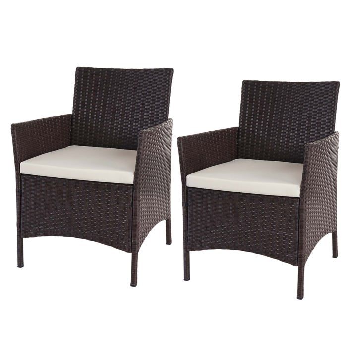 lot de 2 fauteuils chaises de jardin en polyrotin marron avec coussins crème