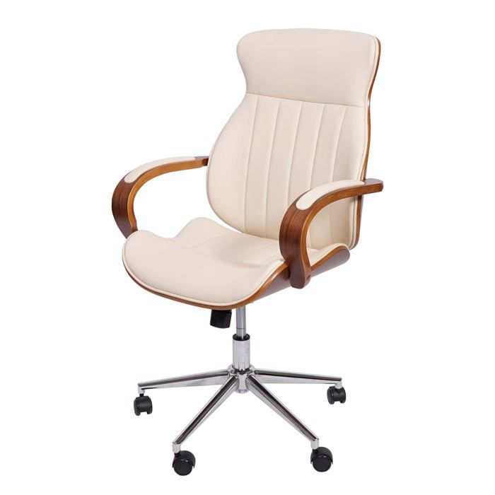 Chaise de bureau ergonomique pivotante avec accoudoirs synthetique aspect noyer courbe creme 04_0001860