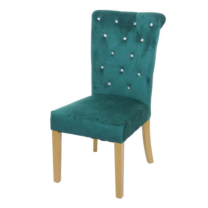 Chaise a manger cuisine en velours vert fonce avec decoration bouton cristal pieds bois clairs 04_0002214