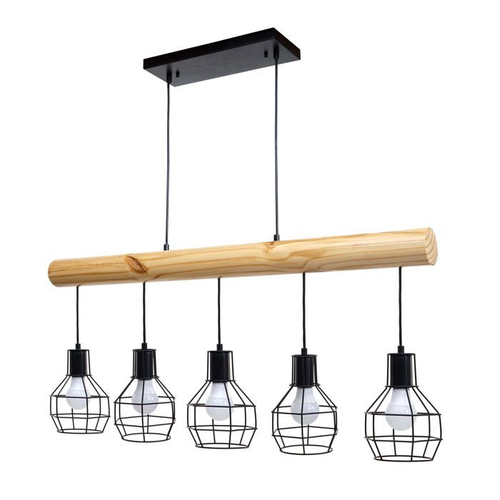 lampe à suspension lustre design industriel vintage en bois massif metal noir 5 abat-jour en treillis