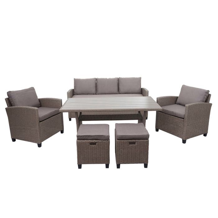 Salon de jardin ensemble table fauteuils poufs en polyrotin lounge marron gris coussin gris