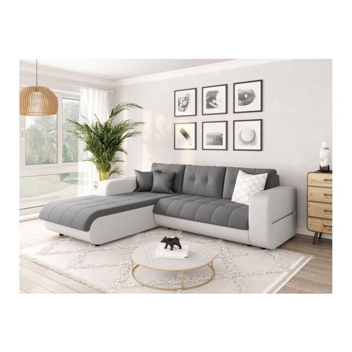 Canapé dangle Gauche 4 places SUZIE convertible en Simili et Microfibre - Blanc et Gris - L246 x 188 x 80cm - LOUNGITUDE