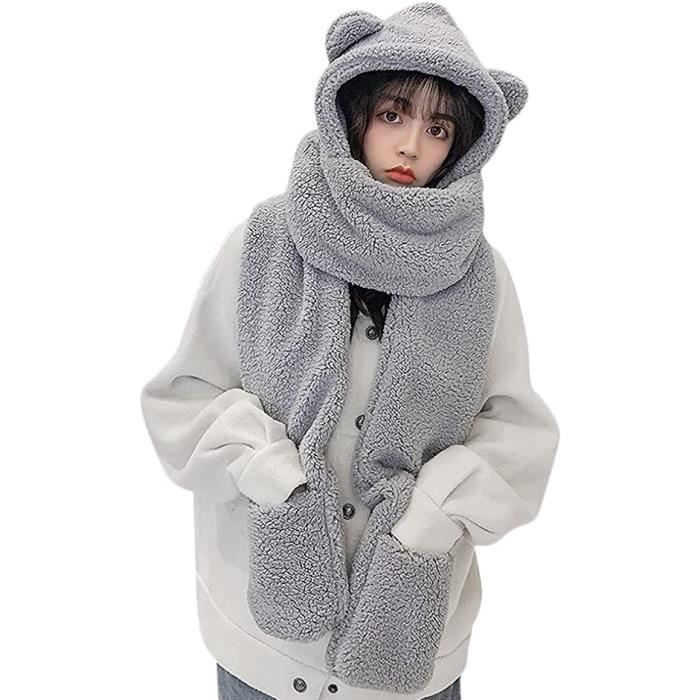 Femme 3 en 1 Chapeau Echarpe Moufle Echarpe Gants en Peluche Epais Chaud  Foulard en Peluche Oreille Bonnet Chapeau - Gris - Cdiscount Prêt-à-Porter