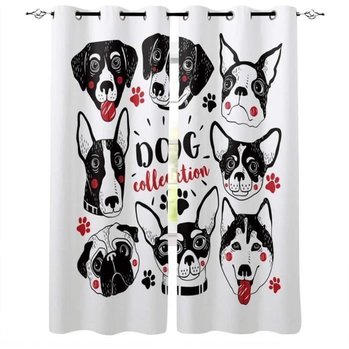 Lot De 2 Rideaux Occultants Motif Chien Carlin - 140x160 Cm, Thermiques, à Oeillets