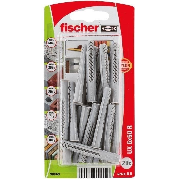 Chevilles multimat FISCHER 6x50 mm Nylon Lot de 20 Universelles avec collerette