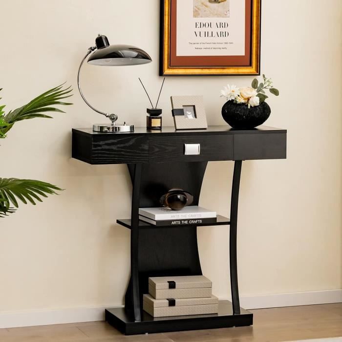 GIANTEX Console Meuble Entrée - Tiroir et 3 Étages - Table dAppoint en Bois Moderne - Cadre en Métal - 91x 30x 88 cm - Noir