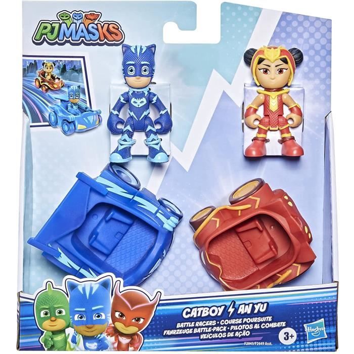 PJ Masks Course Poursuite F2843 Pack 2pcs Figurines articulées 8cm + véhicules Catboy + an YU Neuf