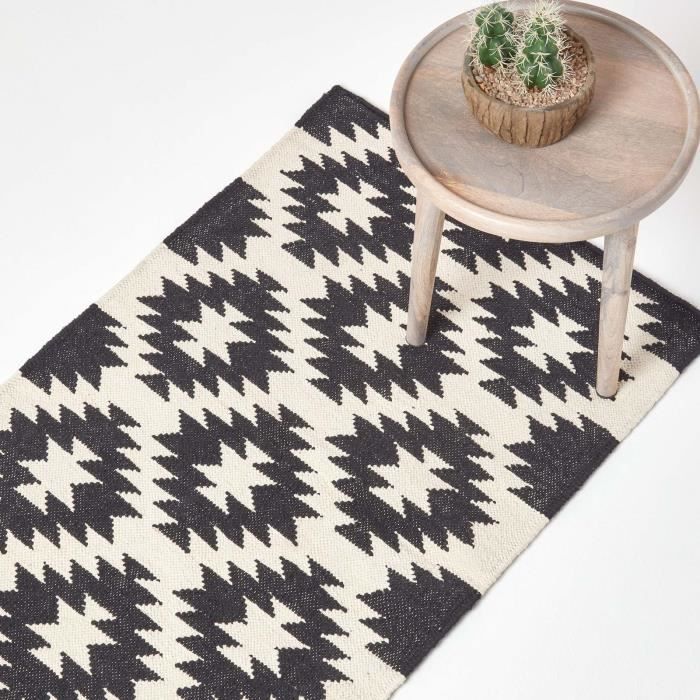 Grand Tapis Kilim Marocain Vintage – Zayane – Noir Et Blanc – Motif Géométrique