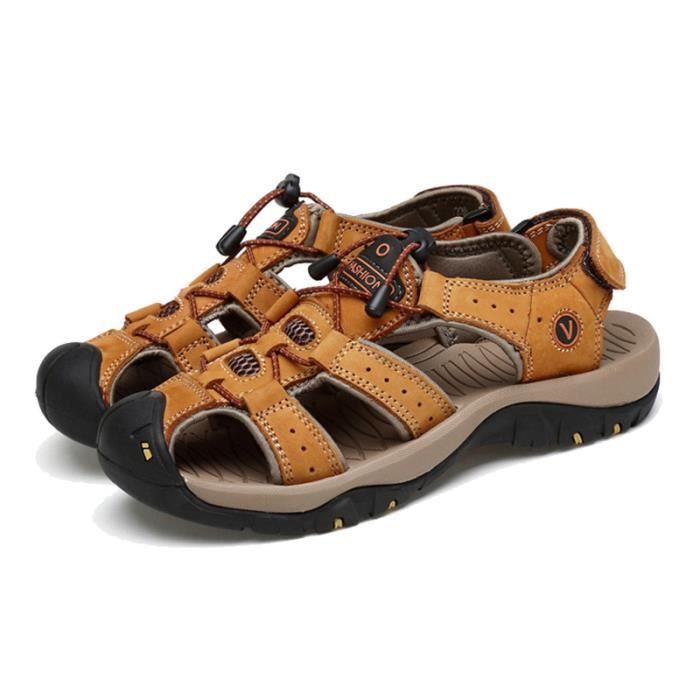 Sandales Homme En Cuir Bout Fermé - Respirantes, Confortables - Pour Été, Marche
