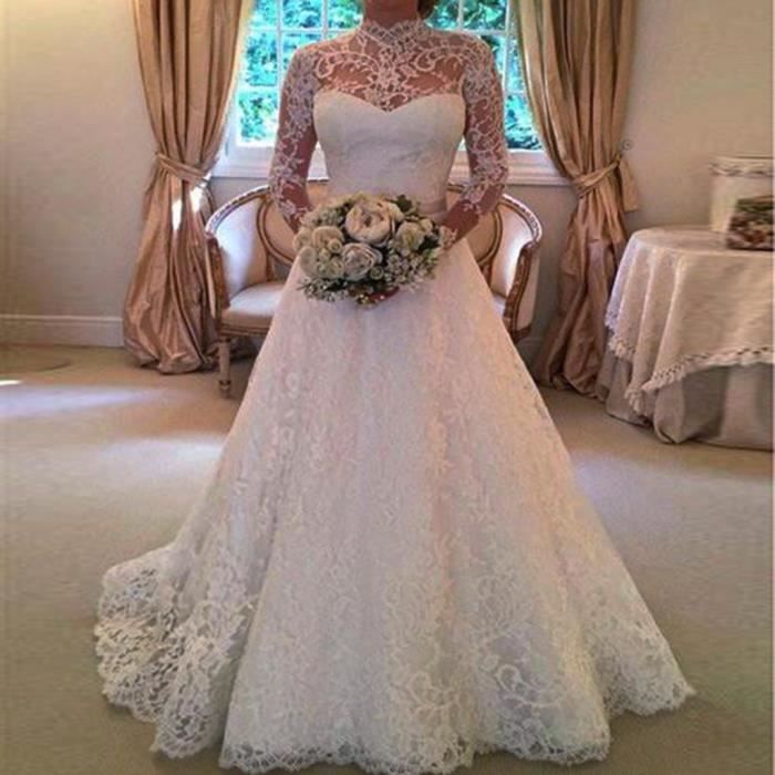Royaume-Uni Blanc Ivoire à manches longues en dentelle de mariée Appliques une ligne robe de mariée Taille 6-18 