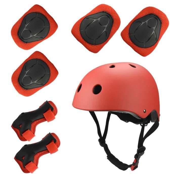 Sets de Protection Enfant Casque Vélo Réglable Coudières Genouillère  Protège-Poignets Protections Velo Skateboard Rollers Skate(Red)