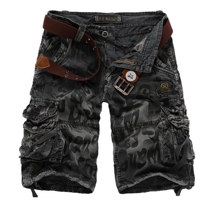 Short Homme,Short Cargo en Coton Confortable avec Entrejambe,Camouflage Shorts Homme Multiples Poches Sans Ceinture-Gris