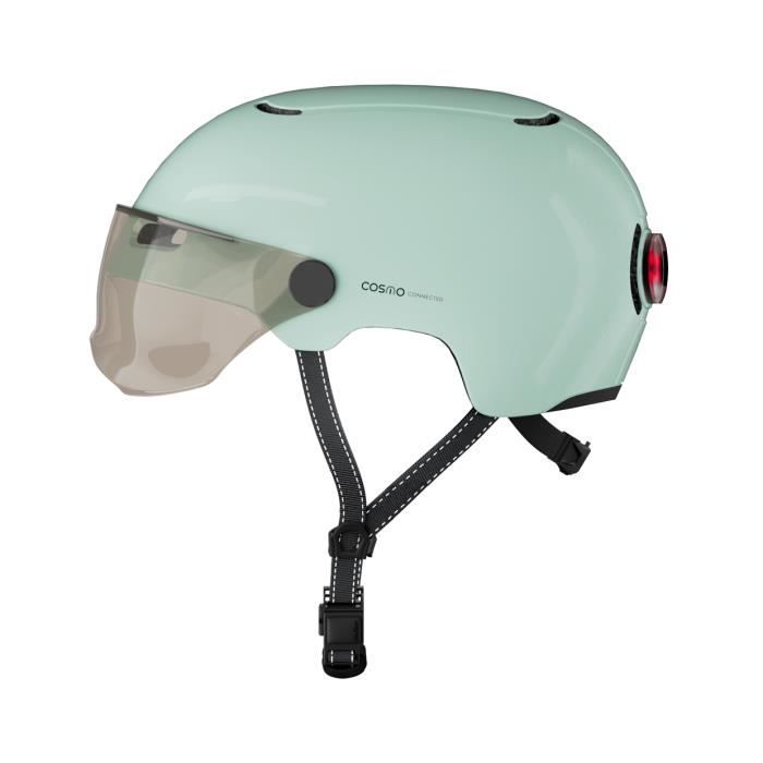 Cosmo Fusion - Casque Sauge Brillant avec visière Intelligent Vélo et Trottinette - Clignotants, Feu Stop, Détection de chute