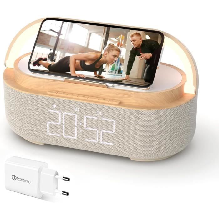 Réveil Digital AXFEE - Radio FM + Bluetooth + Chargeur Sans Fil 15W + Veilleuse - 6 En 1 Pour Chevet - Design Moderne