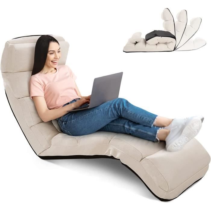 relax4life fauteuil au sol réglable en 5 positions 90-180°, méridienne en daim chauffeuse 1 place convertible rembourrée, beige