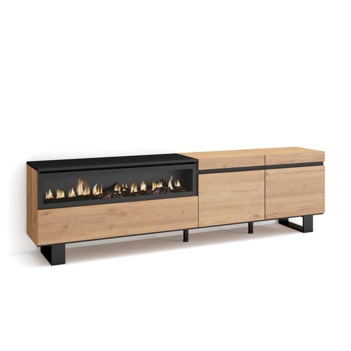 Meuble TV Banc Télé 200x35x57cm Pour les TV jusquà 80 Cheminée électrique Design industriel Chêne et noir RF2146