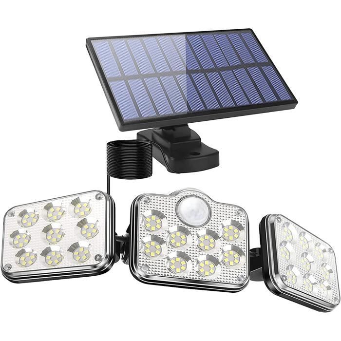 Projecteur Solaire Extérieur 3 Têtes Avec Détecteur De Mouvement - 138 LEDs, 1200 Lm - IP65 - 3 Modes - Pour Jardin, Allée, Garage - 10
