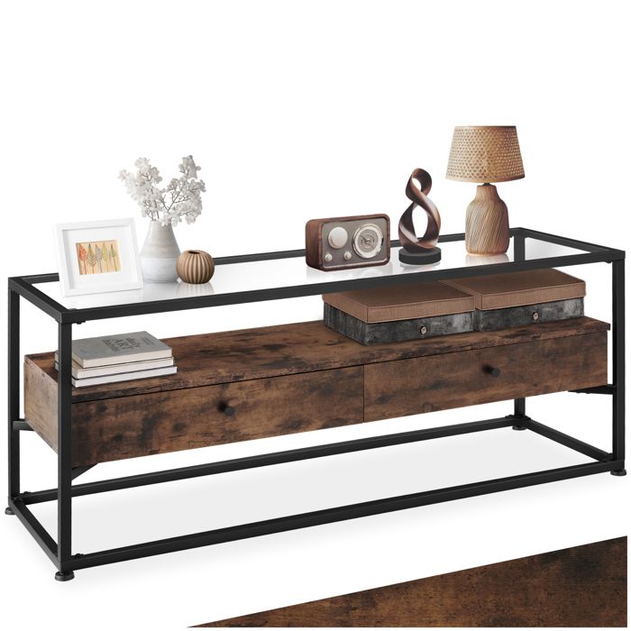 Commode - TECTAKE - Buffet bas MAIDENHEAD en bois et acier style industriel avec 2 tiroirs 1215 x 415 x 505 cm - Bois foncé