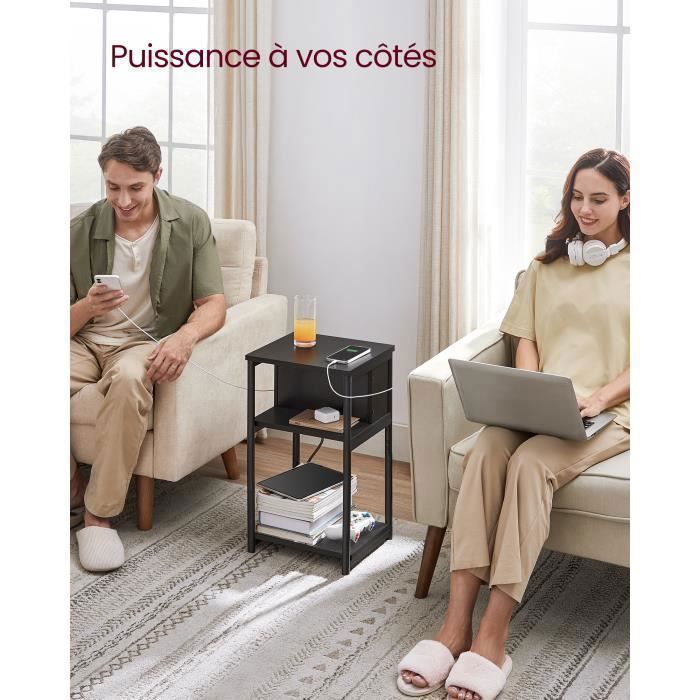 Table Basse avec Multiprise Fin 2 Prises CA 2 Ports USB 30 x 34 x 58 cm pour Salon Chambre Noir