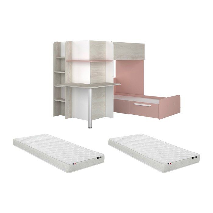 Lits superposés dangle 2 x 90 x 190 cm - Avec bureau - Gris blanc et rose + Matelas - SAMUEL