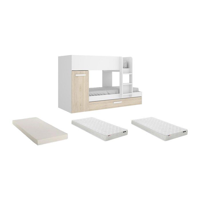 Lits superposés avec tiroir lit gigogne et rangements 3 x 90 x 190 cm - Blanc et Naturel + matelas - ANTHONY Lits superposés avec tiroir lit gigogne et rangements 3 x 90 x 190 cm - Blanc et Naturel + matelas - ANTHONY